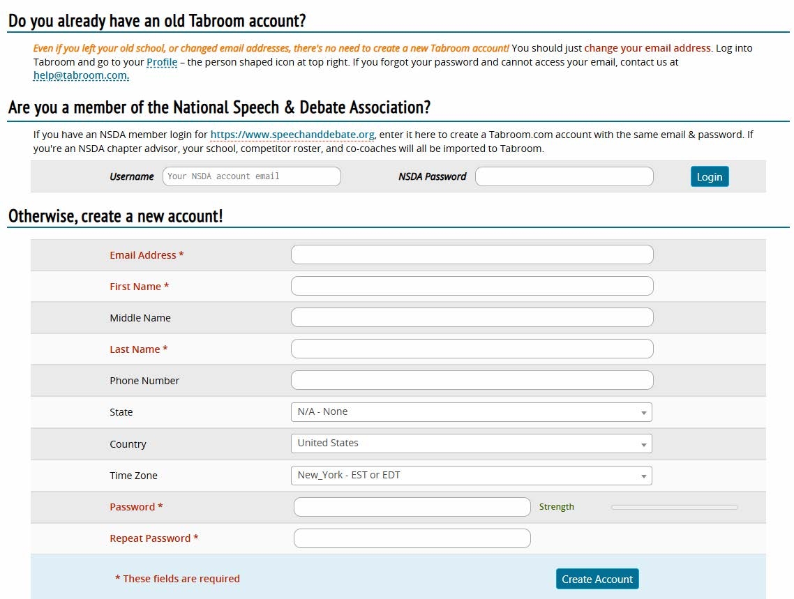 Tabroom sign-up form showing fields for email, name, phone, location, and password