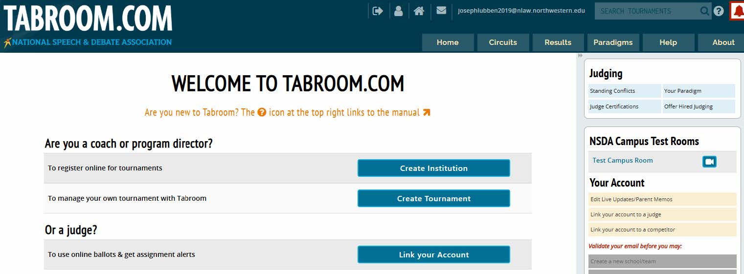 Tabroom account creation confirmation screen