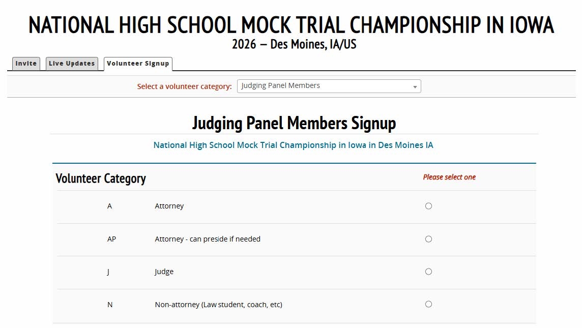 Judge signup form — volunteer category and diversity fields