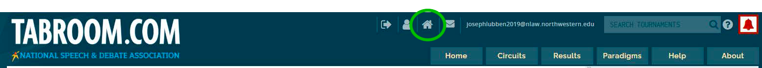 Tabroom interface with home icon highlighted in top right