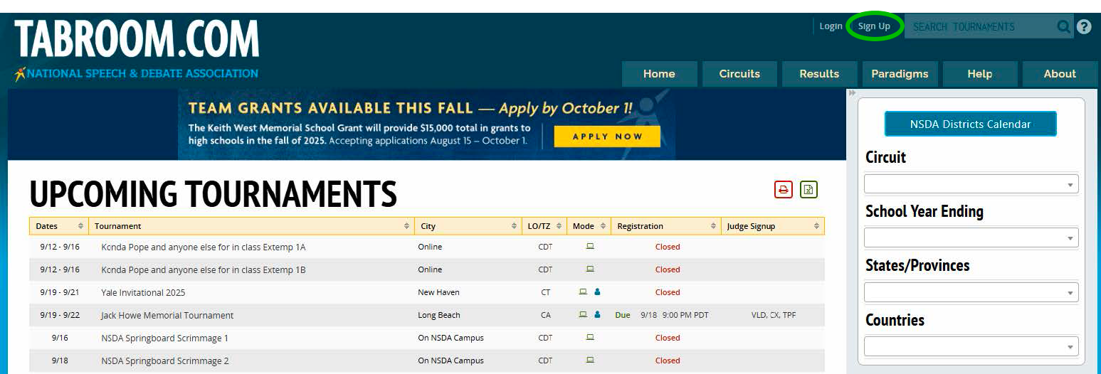 Tabroom homepage with Sign Up button highlighted in the top right corner