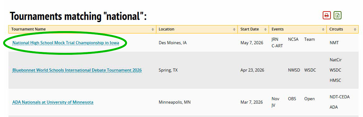 Search results page showing National High School Mock Trial Championship in Iowa